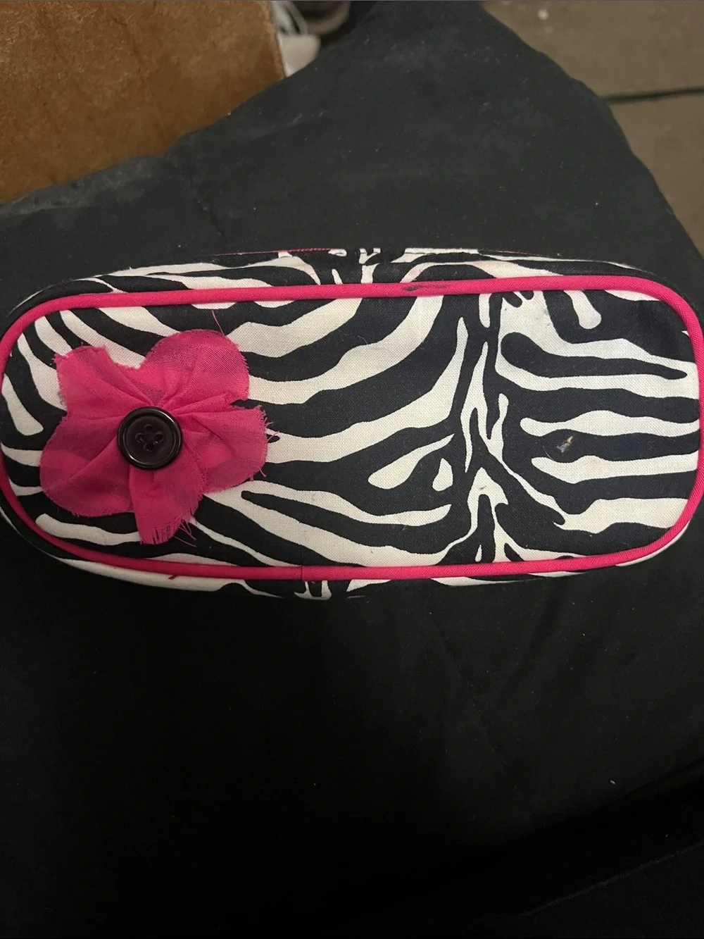 Vintage- Zebra Print Cosmetic Case with Pink Flower Accent